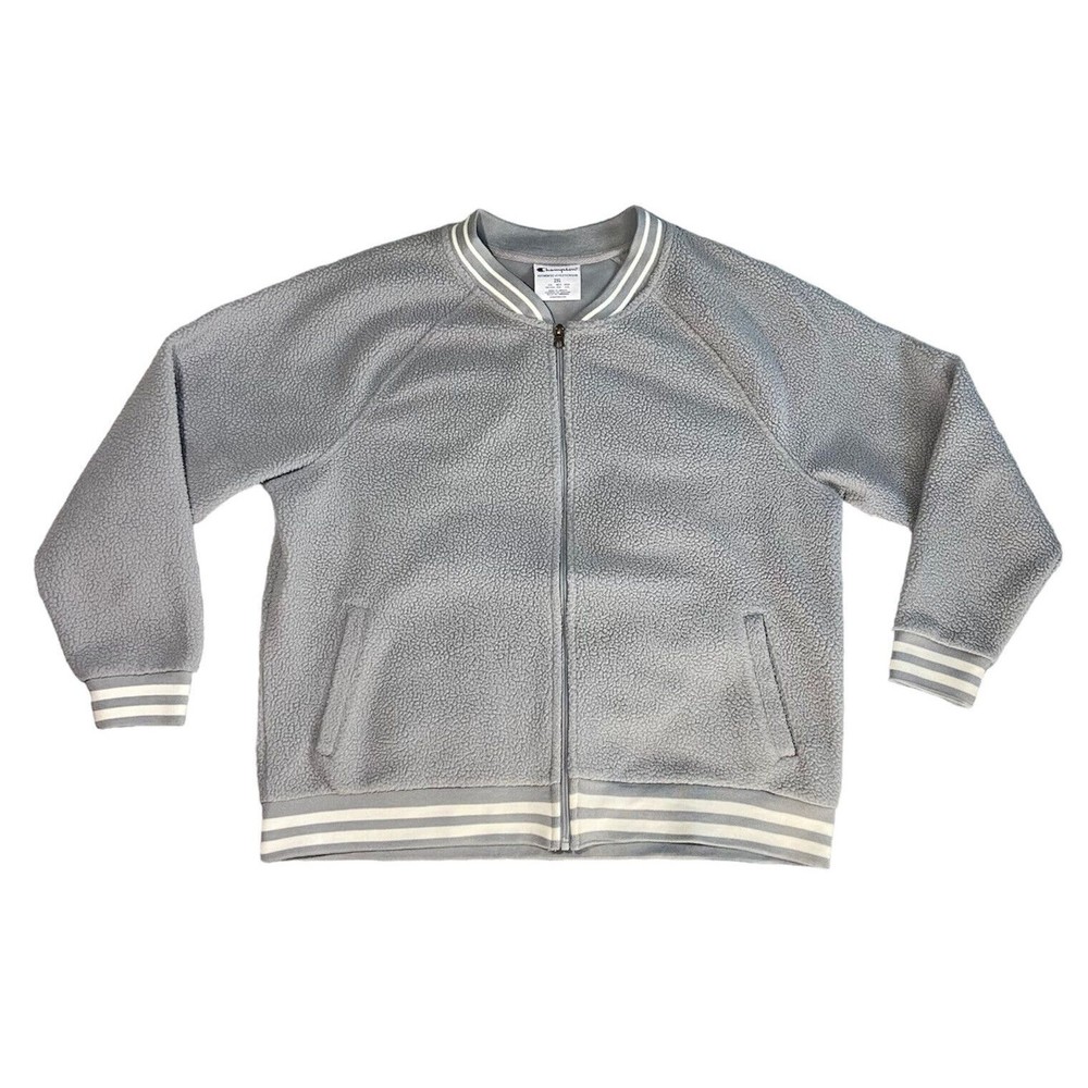 Champion Gray Sherpa Fuzzy Zip Up Plus Size 2X Women’s Bomber Jacket Varsity